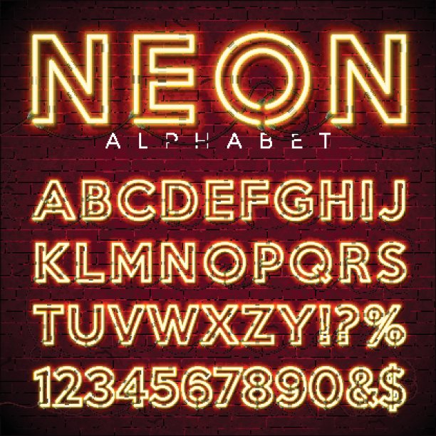 明亮的霓虹灯字母在黑暗的砖墙背景。具有发光效果的矢量数字和符号。图片下载