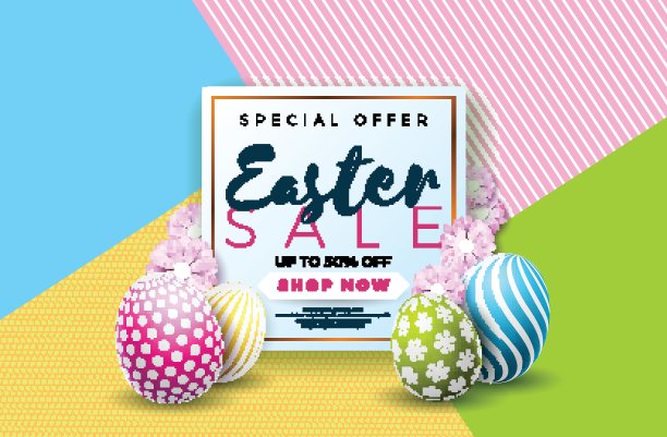 复活节销售插图与彩色画蛋和印刷元素在抽象的背景。矢量假日设计模板优惠券，横幅，代金券或宣传海报。图片下载