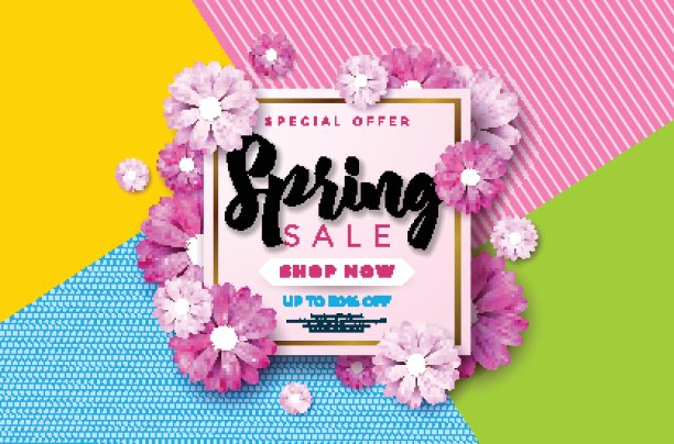 春季销售的背景设计有美丽多彩的花朵。矢量花卉设计的优惠券，横幅，代金券或促销海报模板。图片下载