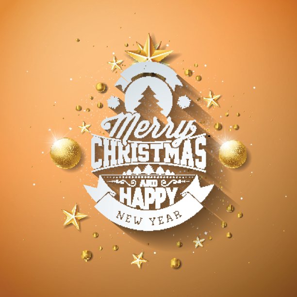 矢量圣诞快乐插图与金色玻璃球，剪纸星星和印刷元素在浅棕色的背景。节日设计的优质贺卡，派对邀请或促销横幅。图片下载
