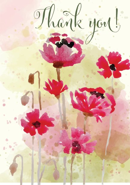 美丽的水彩花卉卡片，上面写着“谢谢”图片下载