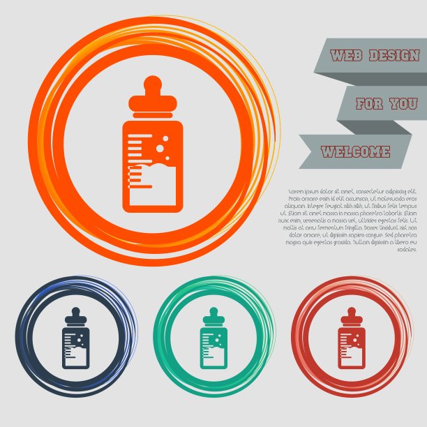 婴儿奶瓶图标上的红色，蓝色，绿色，橙色按钮为您的网站和设计与空间文本。向量图片下载