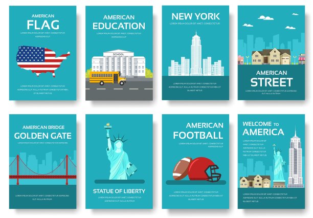 套美国乡村饰品旅游旅游理念。美国传统、杂志、书籍、海报、抽象、元素。矢量装饰民族贺卡或邀请设计背景图片下载