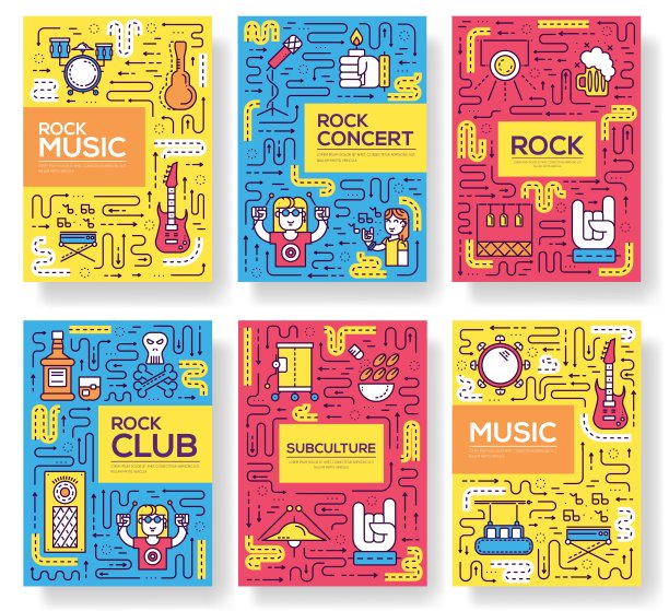 细线乐手演奏手册卡套。在晚会的模板flyear，杂志，海报，书籍封面，横幅。概述摇滚俱乐部和酒吧邀请概念。图片下载