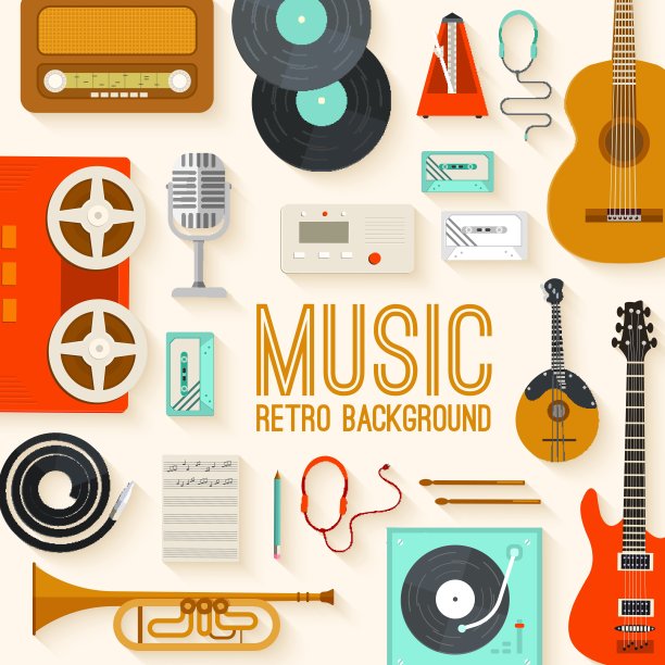 复古设备音乐设置圆信息图形模板概念。图标设计为您的产品或设计，网页和移动应用程序。矢量平面与长阴影插图图片下载