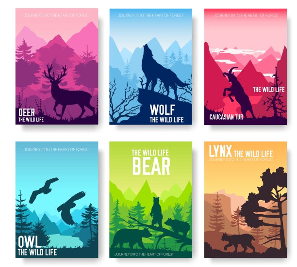 野生动物在自然矢量宣传册卡套。动物模板飞年，杂志，海报，书封面，横幅。生境邀请的概念背景。布局插图现代页面图片下载