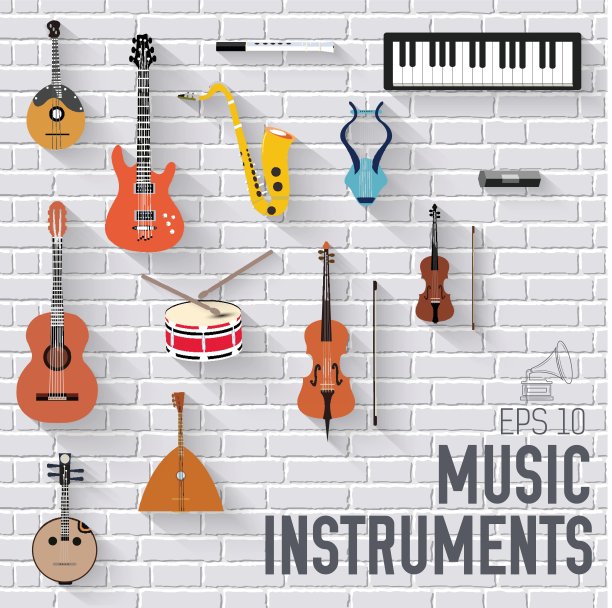 乐器上的白色现代砖墙概念。图标设计为您的产品或设计，网页和移动应用程序。矢量平面与长阴影插图背景图片下载