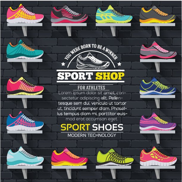 大平面插图系列运动鞋经典，复古，潮流，运动风格的背景。向量概念元素图标。丰富多彩的模板为您设计，海报，网页和移动应用程序图片下载