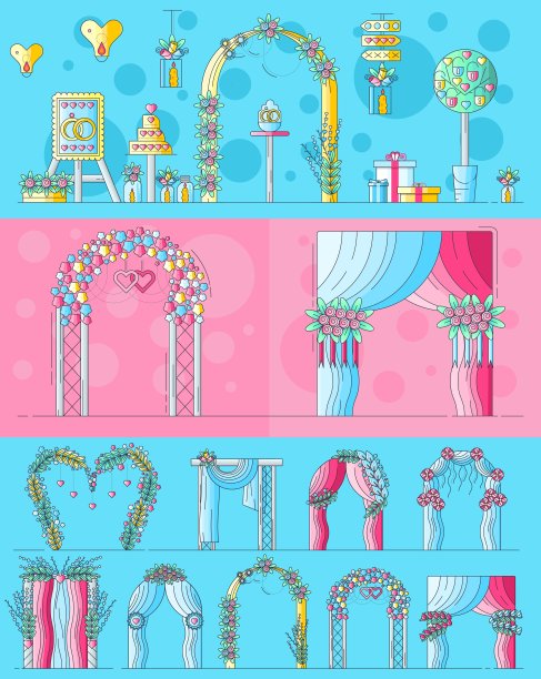 一套高坛婚礼仪式用不同的花和装饰。布局现代矢量背景插画设计理念图片下载