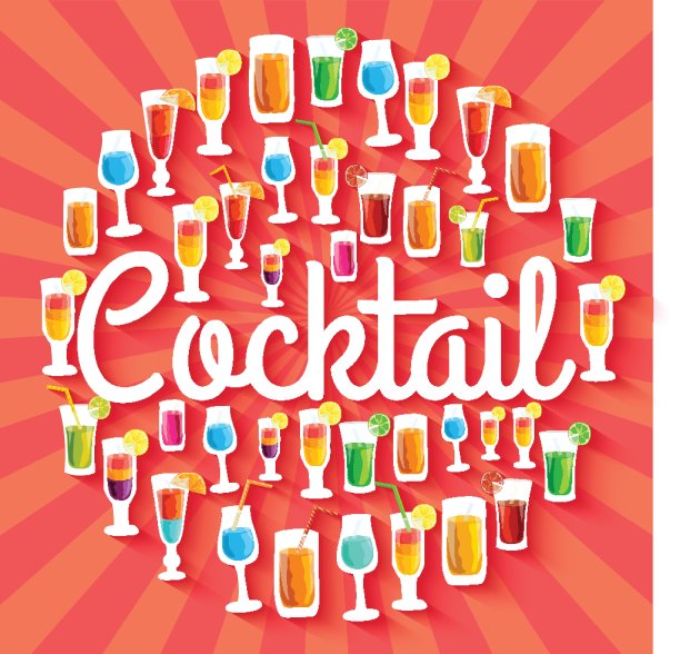 五彩鸡尾酒饮圈信息图模板概念。你的产品或设计、网页和移动应用程序的图标。矢量平与长阴影插图上的蓝色背景图片下载