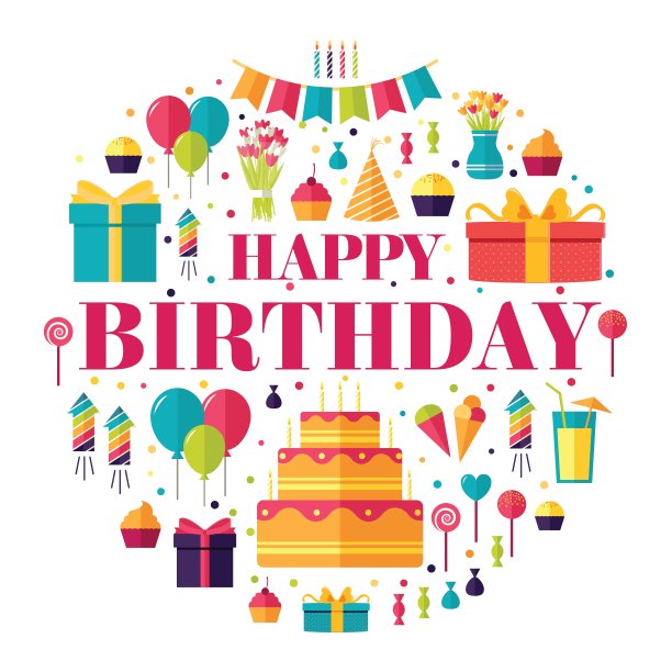 扁平快乐生日圆信息图形模板概念。图标设计为您的产品或设计，网页和移动应用程序。矢量平面与长阴影插图在孤立的背景图片下载