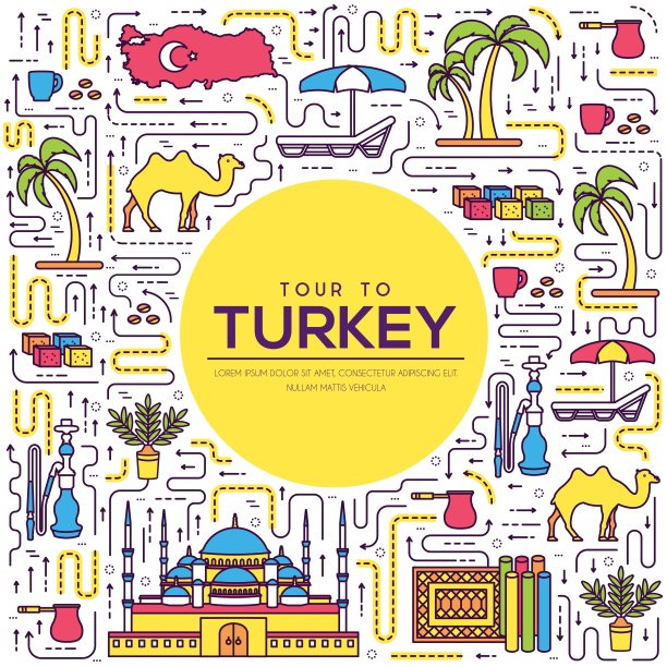 土耳其国家旅游度假指南的商品，地点和特点。集建筑、时尚、人、物、自然为背景的理念。信息图传统民族平面、轮廓、细线图标图片下载
