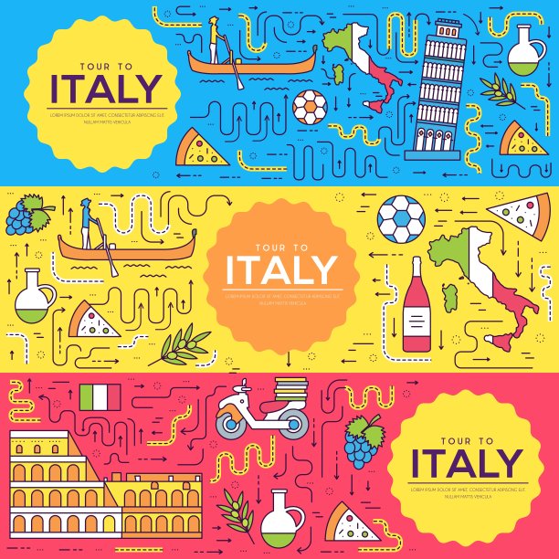 意大利矢量宣传册卡细线套。国家旅游模板飞年，杂志，海报，书籍封面，横幅。布局文化纪念碑轮廓插图现代页图片下载