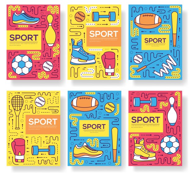 优质运动矢量宣传册卡细线套。健康生活方式线性模板flyear，杂志，海报，书籍封面，横幅。布局体育器材大纲现代页图片下载