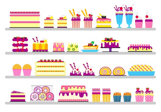蛋糕摊在商店的插图。矢量甜蜜的政党背景。食物图标设置在生日快乐或婚礼。向量集合对象图片下载