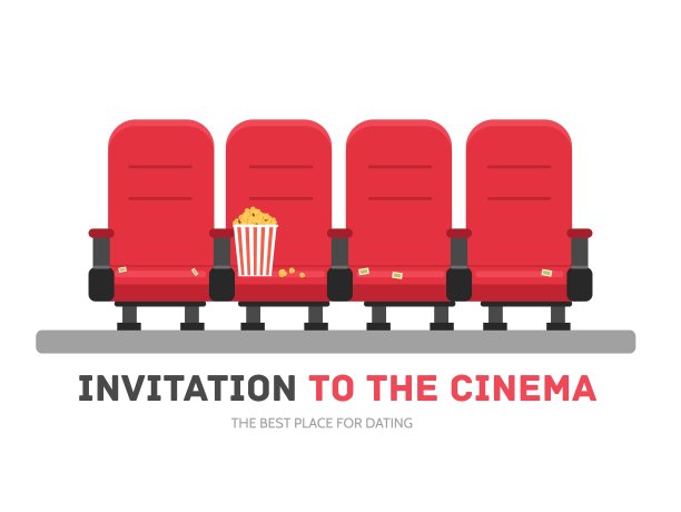 邀请电影以平面设计为背景概念。有扶手椅和爆米花的电影院。你的产品或插图、网络和移动应用程序的图标图片下载