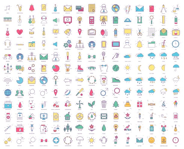 细线套装:商业、音乐、办公、天气、社会、生态、数码小玩意、医疗、生日快乐、运动。平面矢量轮廓插图模板概念的信息图形设计图片下载