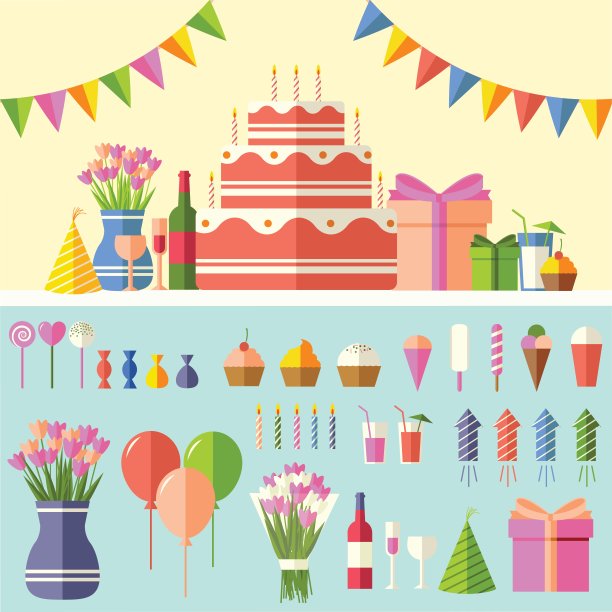 扁平生日快乐节日背景与彩纸图标设置。派对及庆典设计元素:气球、五彩纸屑、蛋糕、饮品、礼品概念图片下载