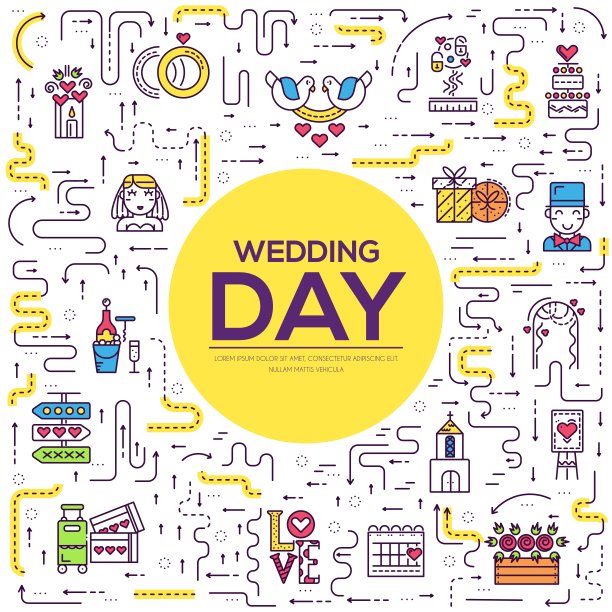 细线不同的装饰和食物安排为婚礼的概念。矢量轮廓装饰房间设计插图。图片下载