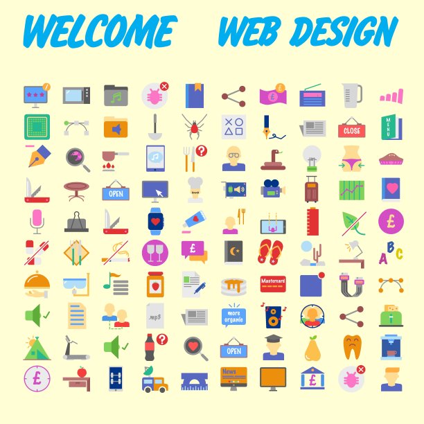 一套100个平面网页图标，主题如下:SEO和发展，创意过程，商业和金融，办公室和商业，安全和保护，购物和商业。向量图片下载