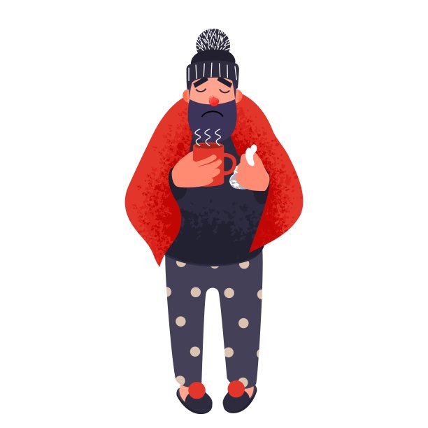 寒冷的人在毯子里拿着一杯热茶。图片下载