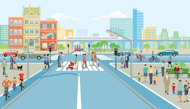 道路交叉口有行人和汽车交通，说明图片下载