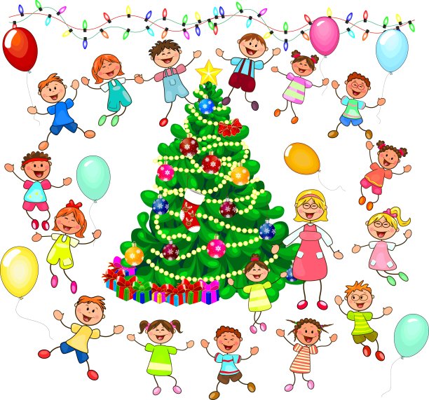 孩子们在圣诞树旁欢呼雀跃图片下载