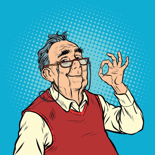 老人戴眼镜微笑ok手势图片下载