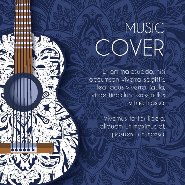 抽象复古音乐吉他上的蓝色花卉背景的装饰概念。艺术装饰，伊斯兰教，阿拉伯语，印度，奥斯曼帝国的图案，元素。矢量现代贺卡或邀请设计。图片下载