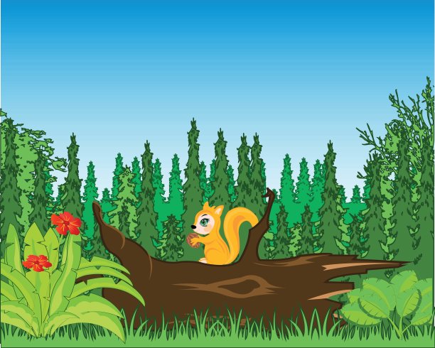 一年的木头和松鼠的障碍。矢量图图片下载