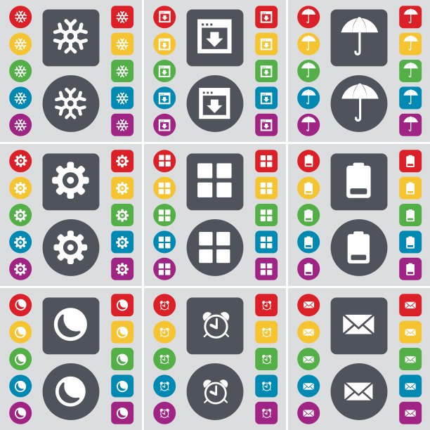 雪花，窗户，伞，齿轮，应用程序，电池，月亮，闹钟，信息图标符号。一套大的平面，彩色按钮为您的设计。向量图片下载