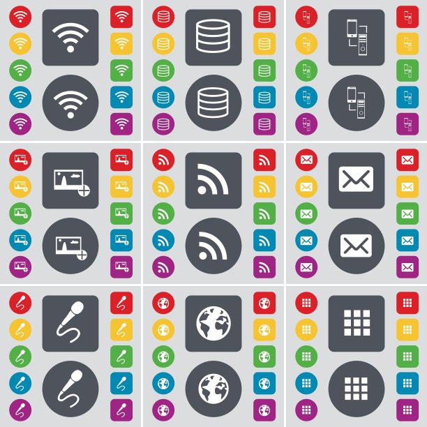 Wi-Fi，数据库，连接，图片，RSS，消息，麦克风，地球，应用程序图标符号。一套大的平面，彩色按钮为您的设计。向量图片下载
