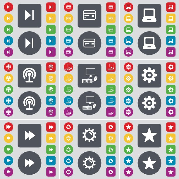 媒体快进、信用卡、笔记本电脑、Wi-Fi、PC、齿轮、倒带、星标图标符号，适用于设计的彩色扁平按钮矢量图图片下载