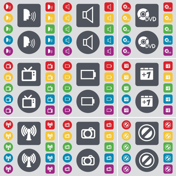 对话、声音、DVD、复古电视、电池、加一、Wi-Fi、相机、停止图标符号：一组用于设计的彩色扁平按钮矢量图图片下载