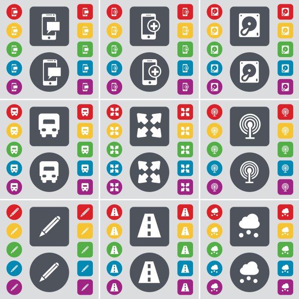 短信，智能手机，硬盘驱动器，卡车，全屏，Wi-Fi，铅笔，路，云图标符号。一套大的平面，彩色按钮为您的设计。向量图片下载
