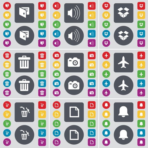 钱包、声音、Dropbox、垃圾桶、相机、飞机、文件、通知图标符号。一套大型扁平彩色按钮，供您设计。矢量图图片下载