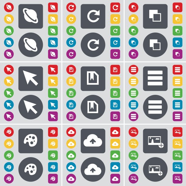 行星，重载，复制，光标，文件，应用程序，调色板，云，图片图标符号。一套大的平面，彩色按钮为您的设计。向量图片下载