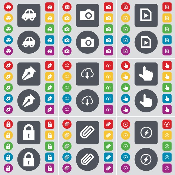 采购产品汽车，照相机，媒体文件，墨水笔，云，手，锁，剪辑，Flash图标符号。一套大的平面，彩色按钮为您的设计。向量图片下载