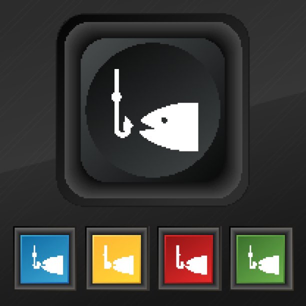 钓鱼图标符号。五套彩色，时尚的钮扣黑色纹理为您的设计。向量图片下载