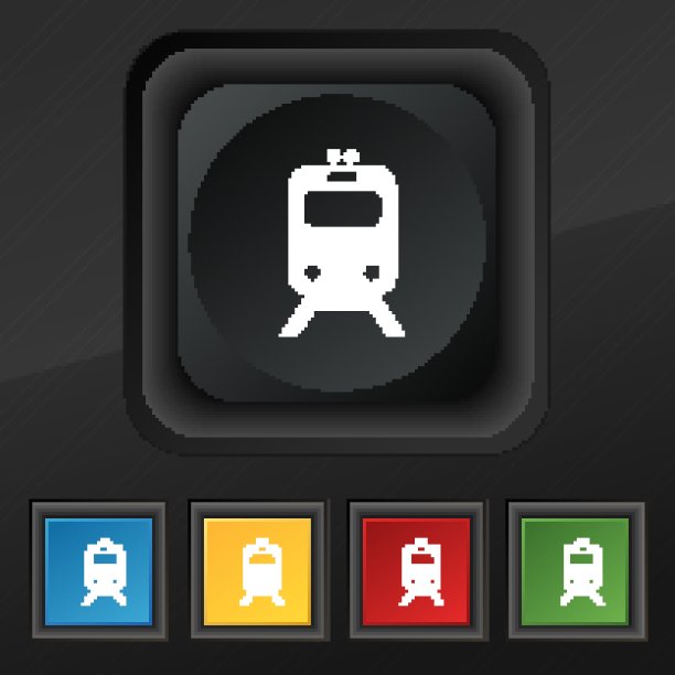 火车图标符号。五套彩色，时尚的钮扣黑色纹理为您的设计。向量图片下载