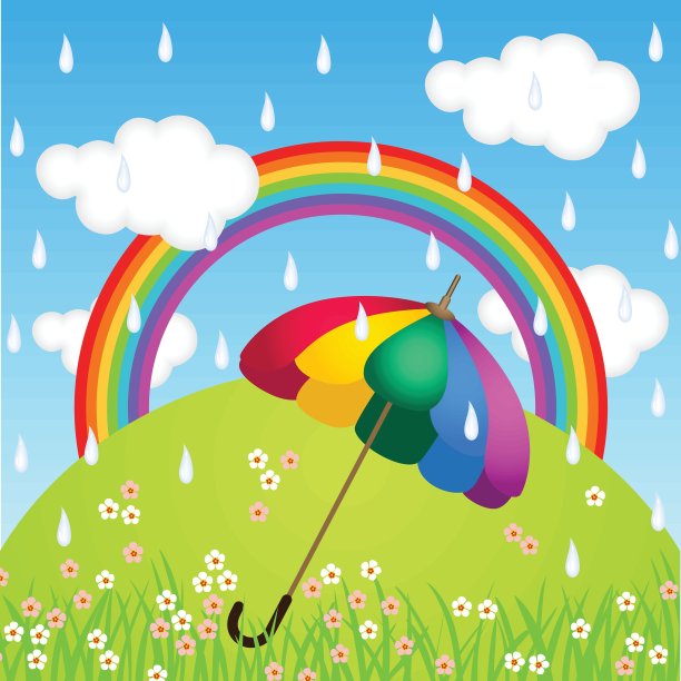 彩虹色伞在下雨的天空图片下载