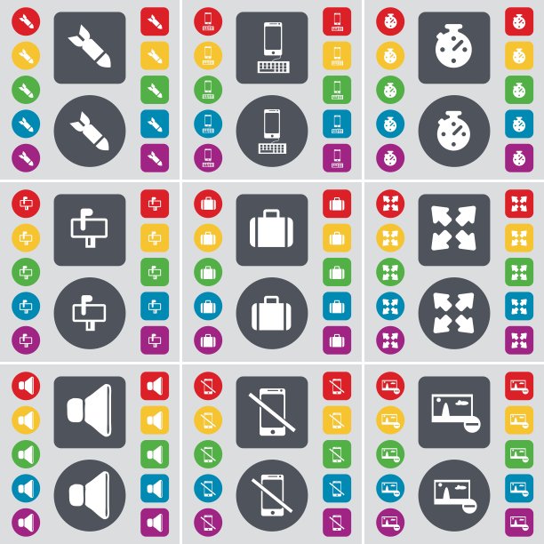 火箭，智能手机，秒表，邮箱，手提箱，全屏，声音，智能手机，图片图标符号。一套大的平面，彩色按钮为您的设计。向量图片下载