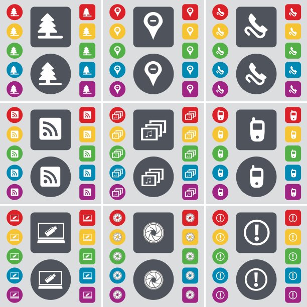 第一树，检查点，接收器，RSS，画廊，手机，笔记本电脑，镜头，警告图标符号。一套大的平面，彩色按钮为您的设计。向量图片下载