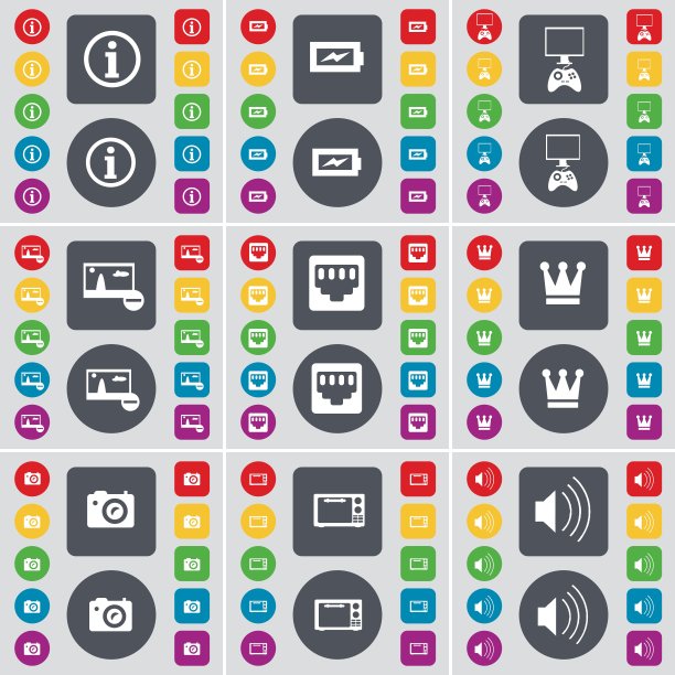 信息，充电，游戏机，图片，LAN插座，皇冠，相机，微波，声音图标符号。一套大的平面，彩色按钮为您的设计。向量图片下载