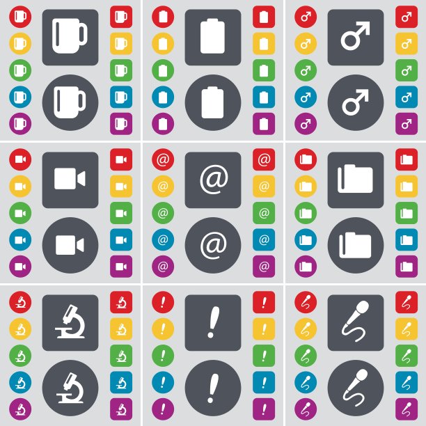 杯子，电池，火星符号，电影相机，邮件，文件夹，显微镜，感叹号，麦克风图标符号。一套大的平面，彩色按钮为您的设计。向量图片下载