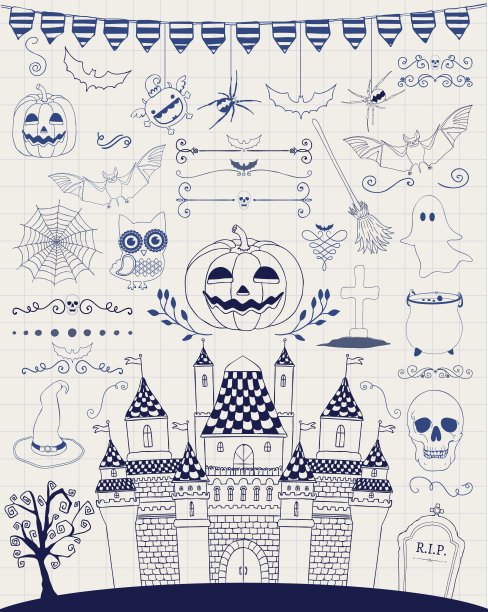 矢量笔绘图手绘涂鸦万圣节图标图片下载