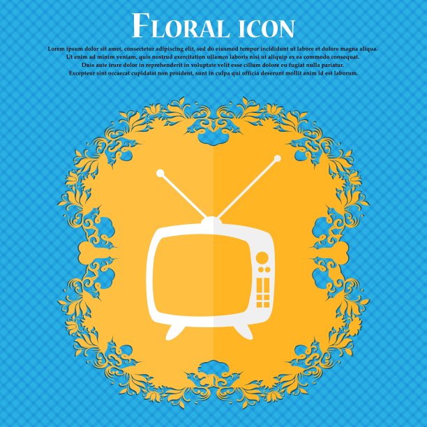 复古电视模式标志图标。电视机的象征。花卉平面设计的蓝色抽象背景与地方为您的文本。向量图片下载