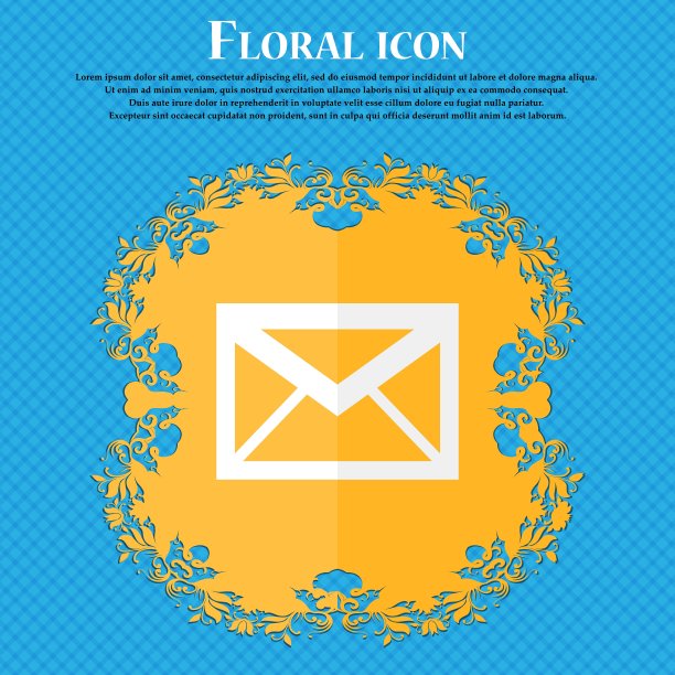 邮件图标。信封的象征。信息的信号。导航按钮。花卉平面设计的蓝色抽象背景与地方为您的文本。向量图片下载
