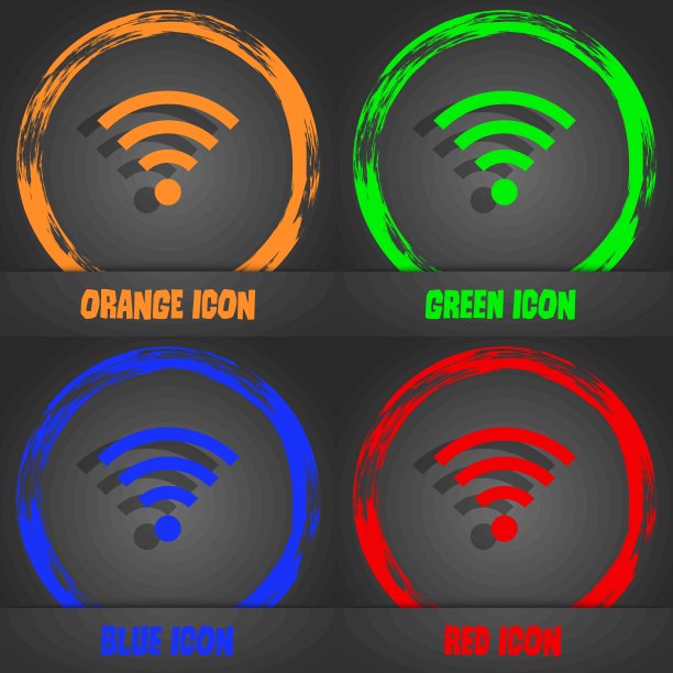 无线信号。wi - fi的象征。无线网络图标区。时尚的现代风格。橙色，绿色，蓝色，红色的图案。向量图片下载