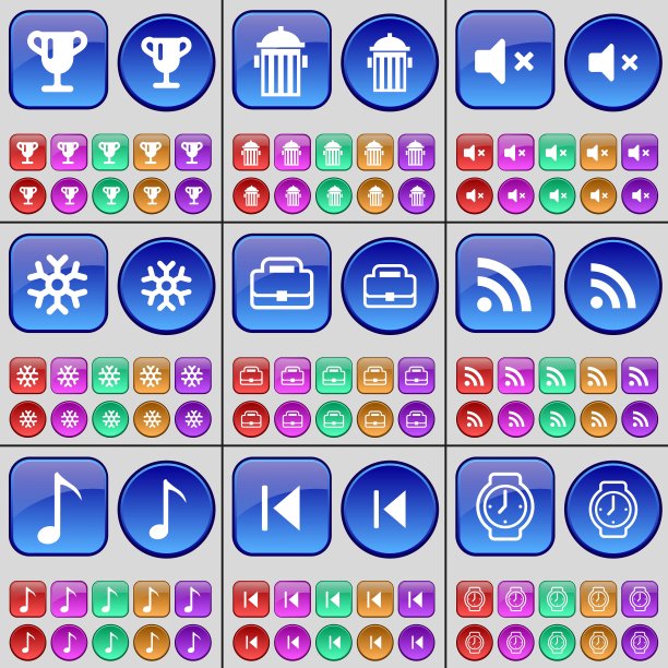 杯子、垃圾桶、静音、雪花、盒子、RSS、便笺、媒体跳过、手表多色按钮矢量图图片下载